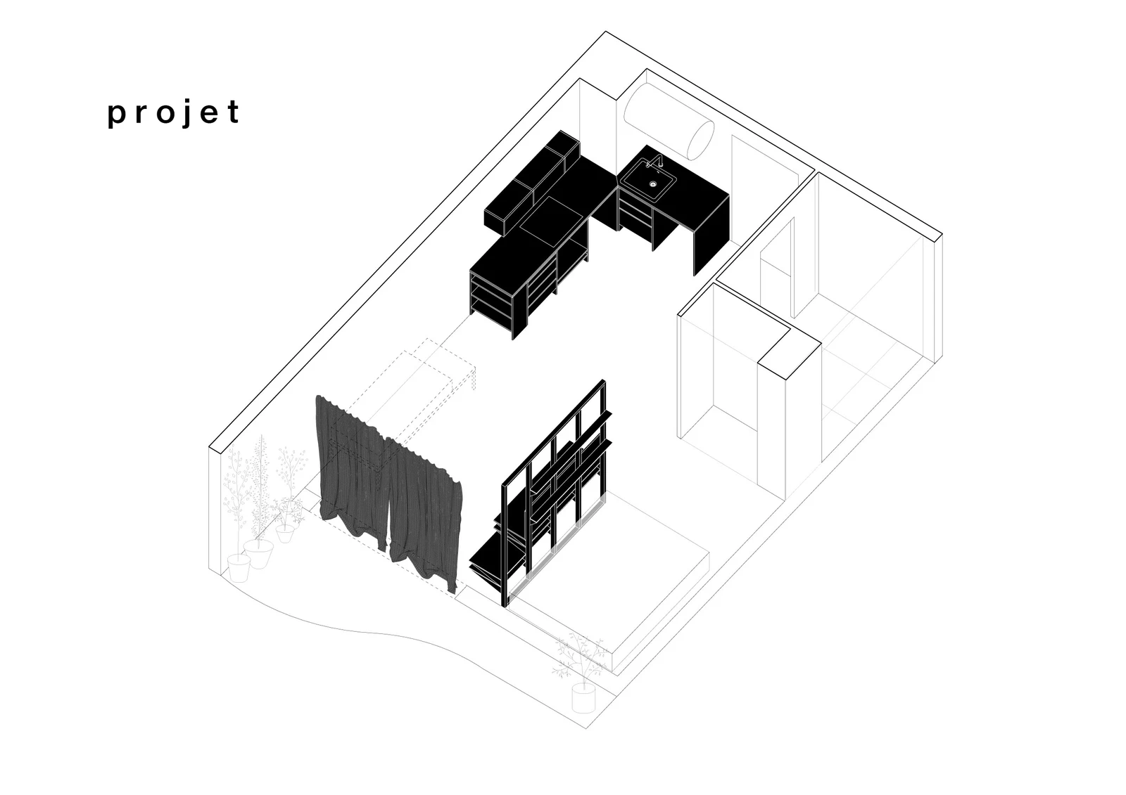 Cugnaux — Axonométrie du projet, mobilier sur mesure en noir