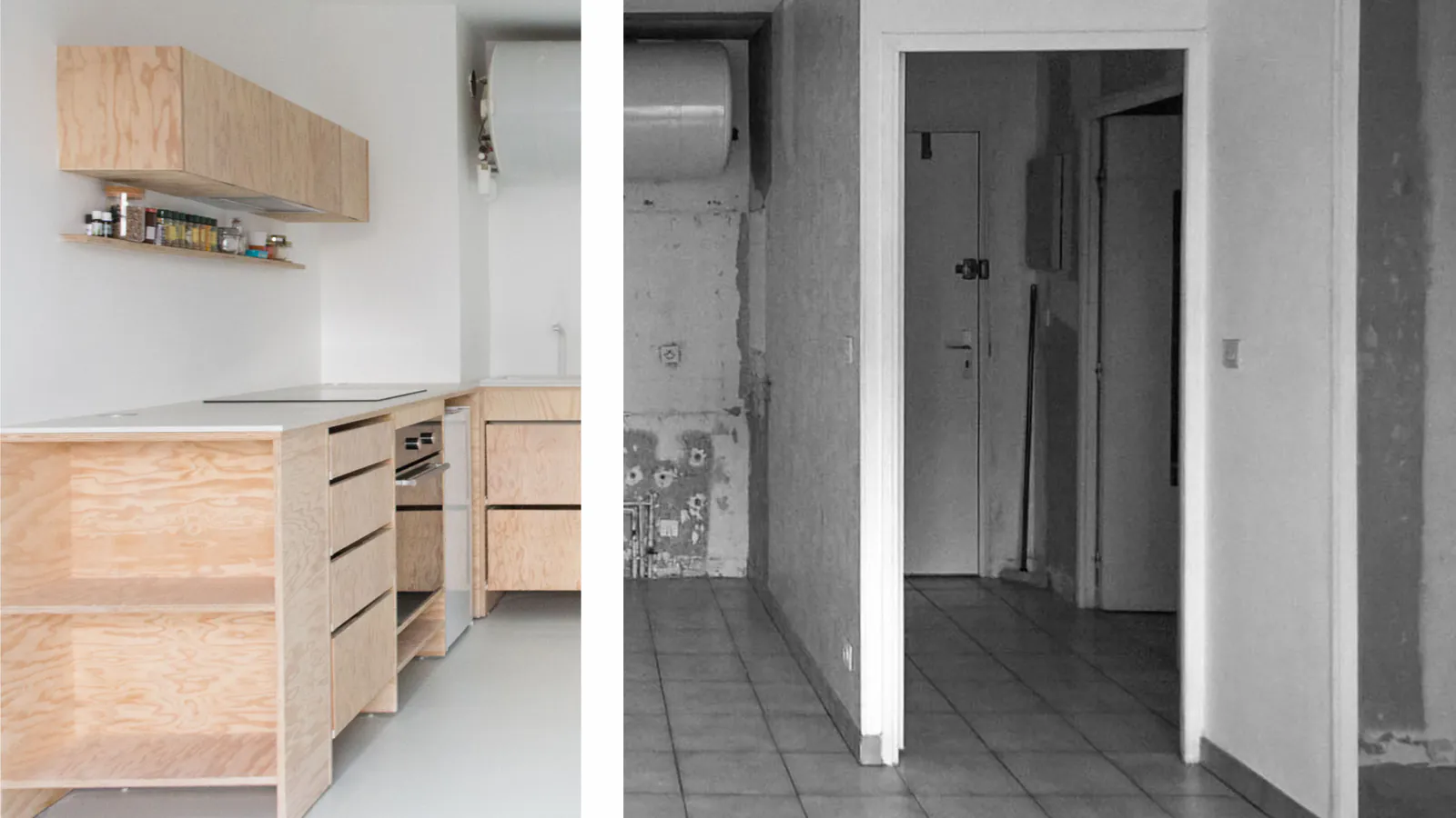 Cugnaux — Comparaison de la cuisine rénovée et de l’entrée avant travaux