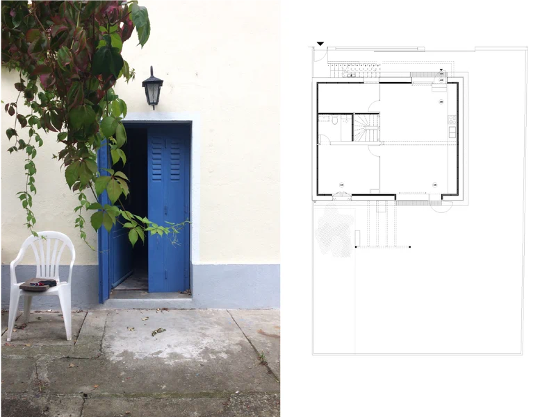 Décamps — Planche, porte bleue sur la façade et plan du niveau bas