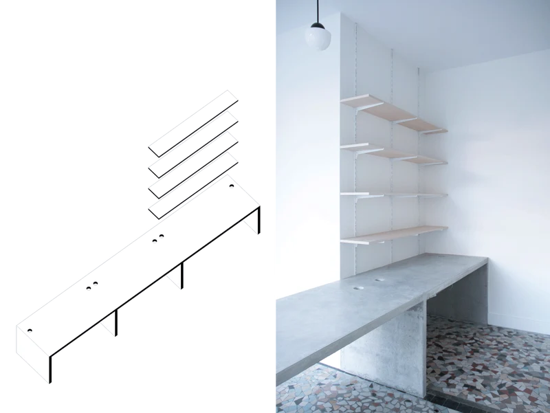 Larousse — Planche de détail, étagères et comptoir en béton : axonométrie et photographie