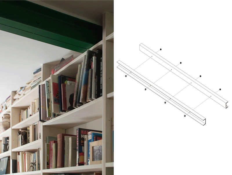 Nîmes — Planche de détail, bibliothèque sous poutre verte : photographie et axonométrie