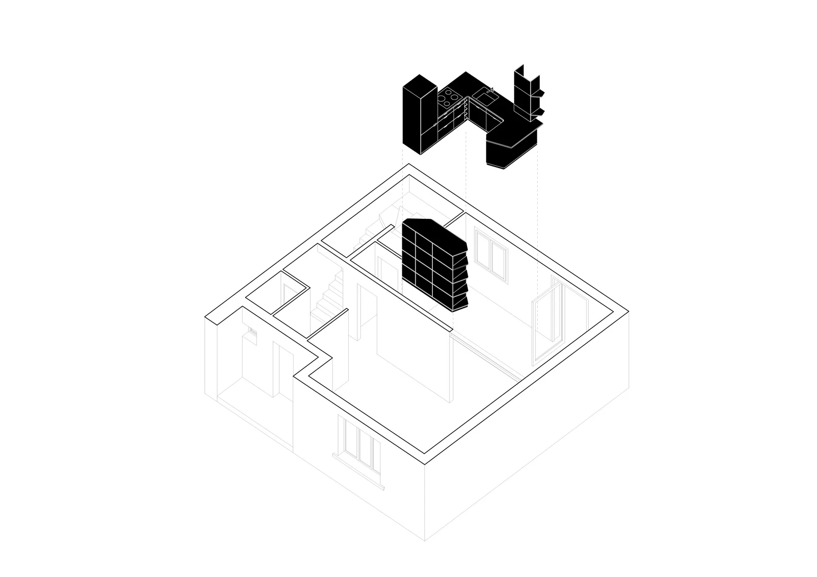 Nîmes — Axonométrie du projet, mobilier en noir