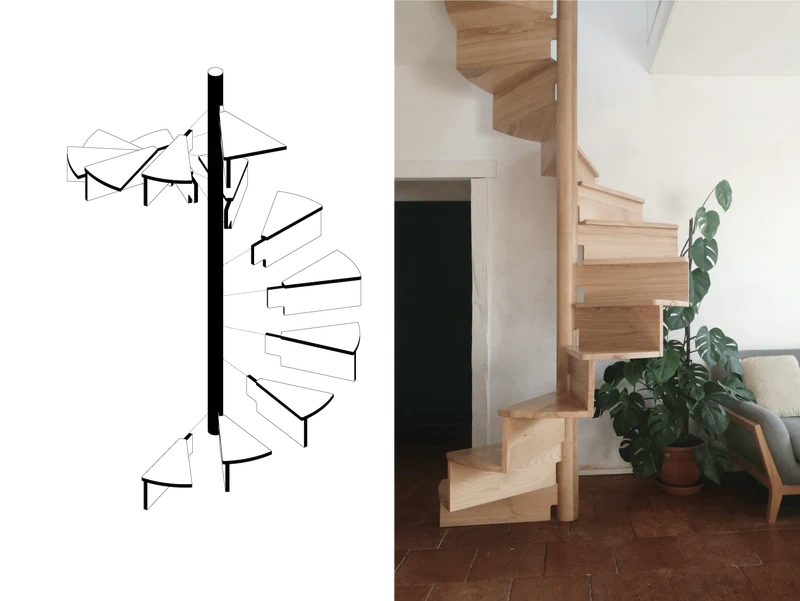 République — Planche de détail, escalier en colimaçon en frêne : axonométrie et photographie
