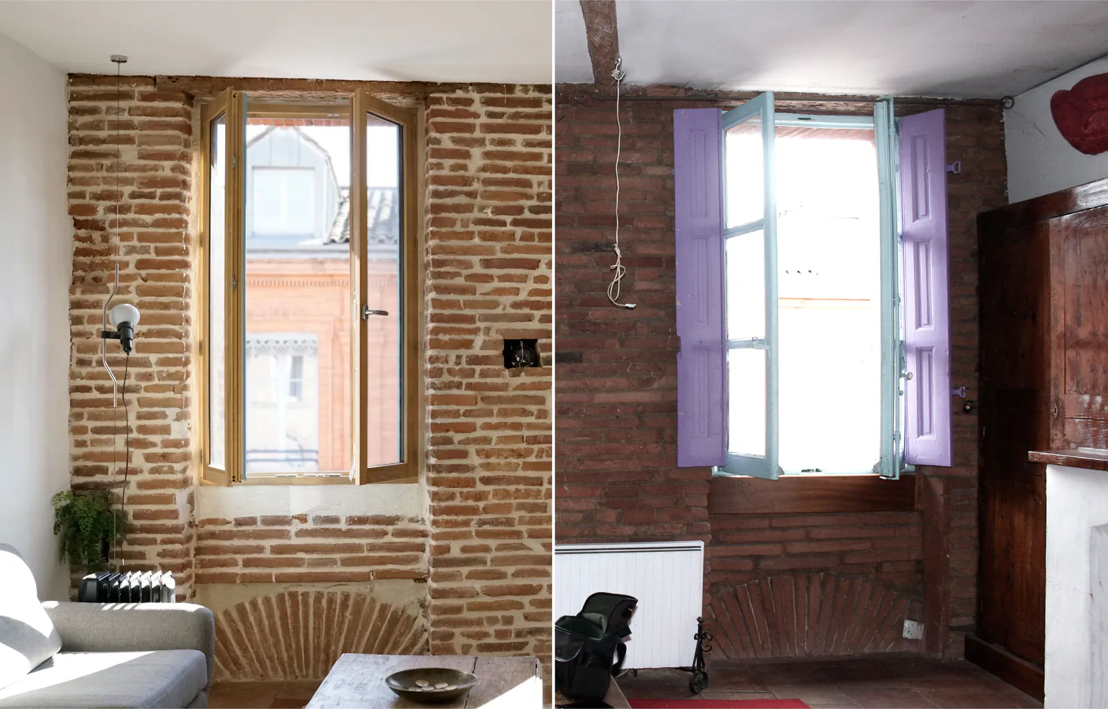 République — Comparaison du mur de brique et de sa fenêtre, après et avant travaux
