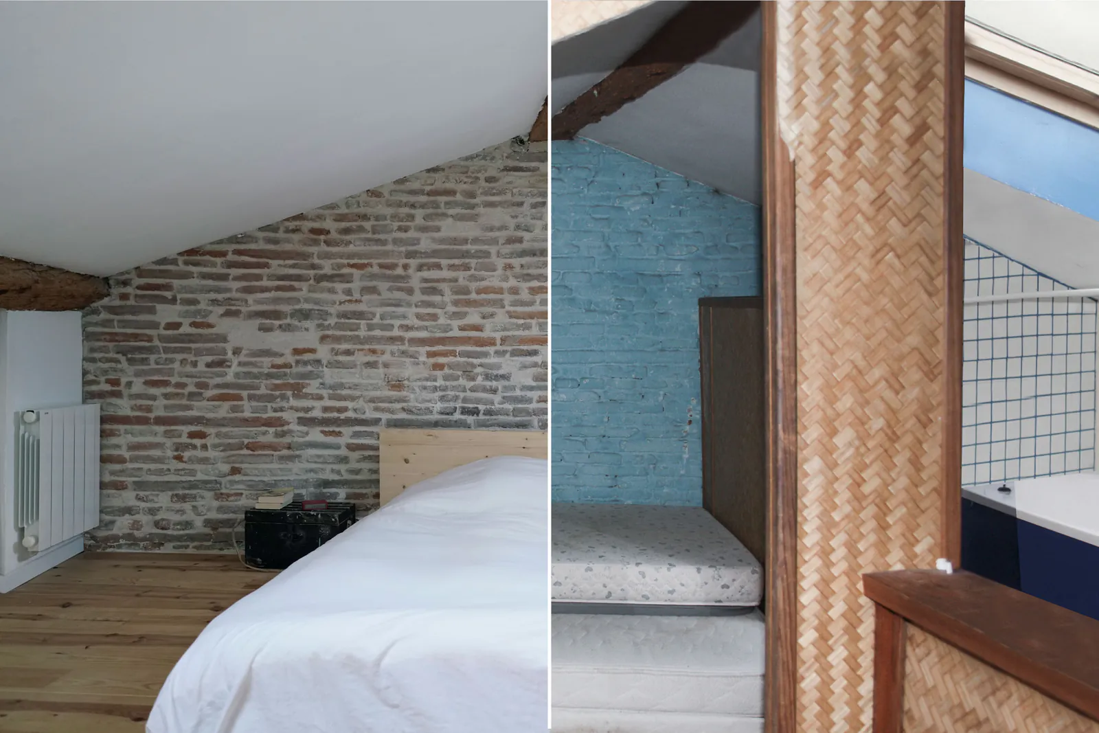 République — Comparaison de la chambre sous combles, après et avant travaux